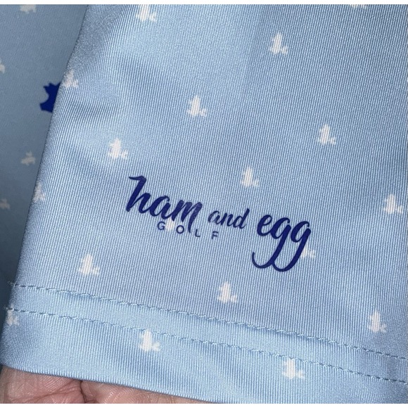 Mens HAM AND EGG‎ Golf Golfing Blue Polo Shirt Pig & Chicken Print Sz Small - Picture 4 of 9